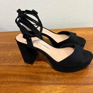 Chinese Laundry Black Suede Platform Block Heel Ankle Strap Sandals Size 7.5